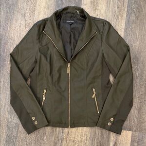 Ellen Tracy Dark Olive Leather Jacket with Gold Accents